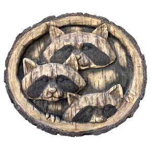 Vintage 2006 New Creative Raccoon Faces Wall Plaque Faux Wood 3D Relief